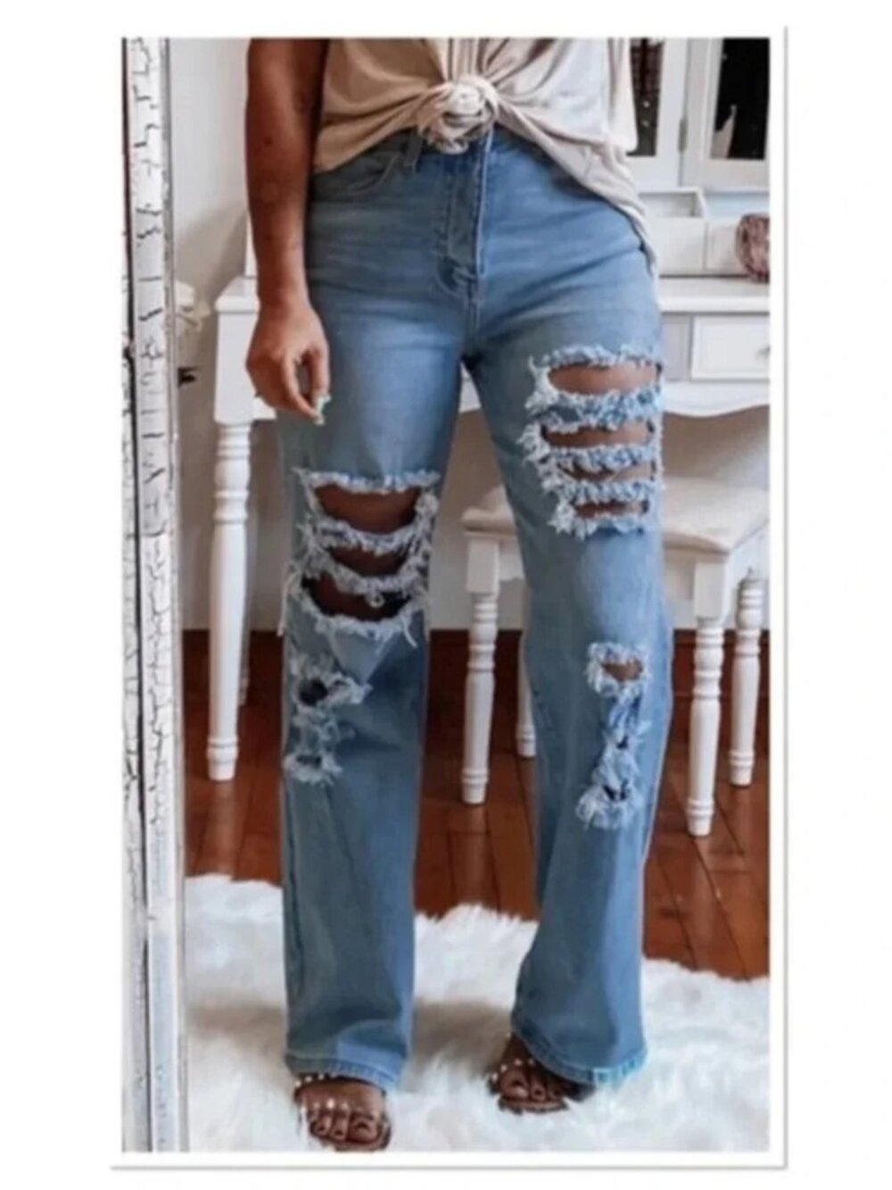 High-Waist Ripped Straight-Leg Jeans Distressed Denim NWT